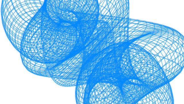 Abstract flowing blue mesh spheres composed of interwoven patterns on a simple dark solid surface