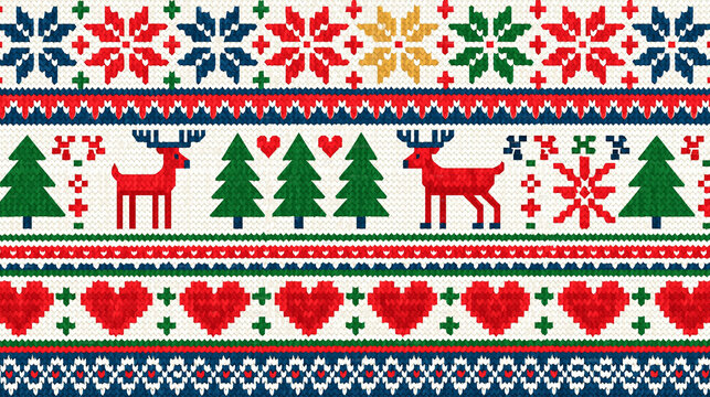 Christmas Fair Isle Seamless Pattern with Reindeer Trees Snowflakes and Nordic Ornaments