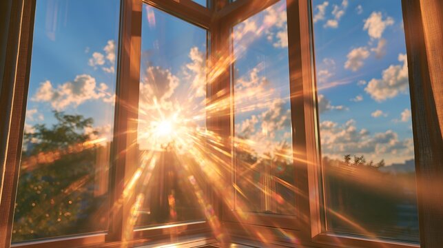 Golden sun beams through wooden window frames.