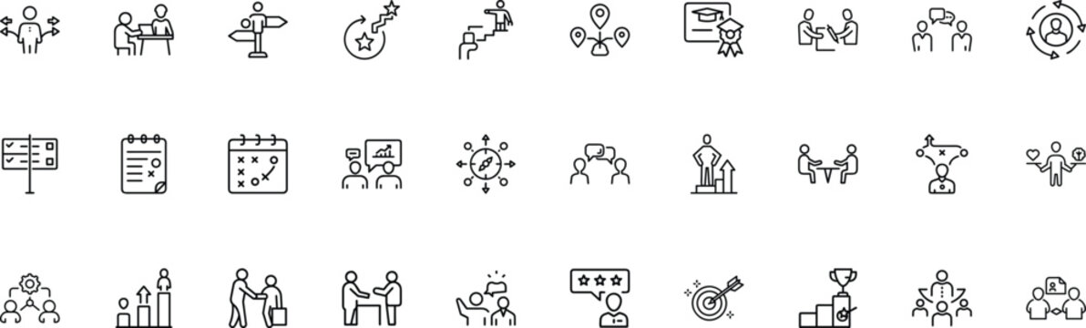 Business management and leadership outline icon set for corporate training and strategy.