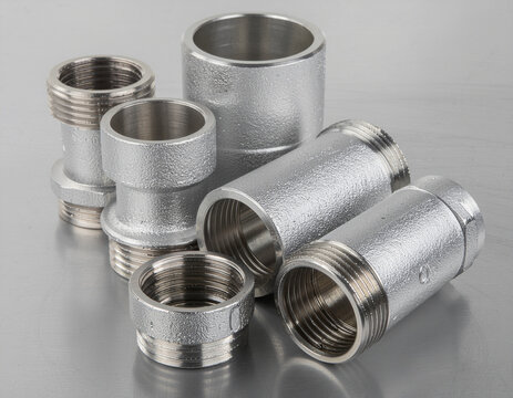 close-up view of various stainless steel threaded pipe connectors, adapters, and metal coupling fittings arranged on a reflective industrial surface