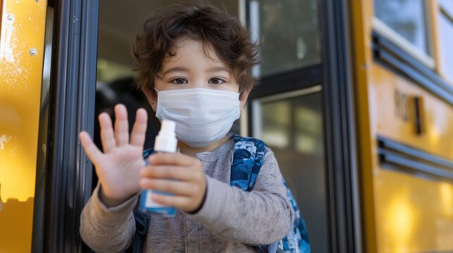 Schoolboy wearing a protective face mask and sanitizing his hands while boarding a yellow school bus, highlighting hygiene, infection prevention, student safety, public health and education. 