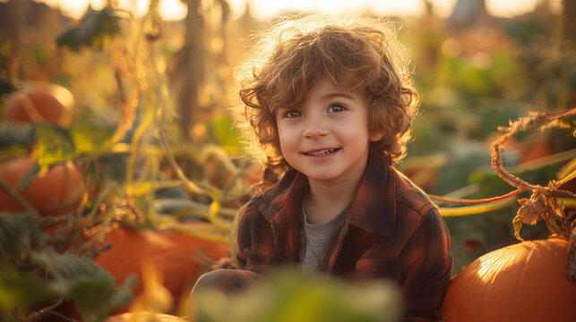 Smiling young child sitting among pumpkins in an autumn field at golden hour, representing fall harvest, childhood, seasonal traditions, agriculture, pumpkin picking, and outdoor family activities.