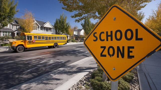 Yellow school zone road sign beside a residential street with a school bus, representing student safety, traffic awareness, back to school, transportation and community education.