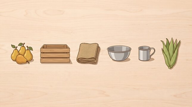 Rustic kitchen objects set, wooden crate and pears, vintage home icons