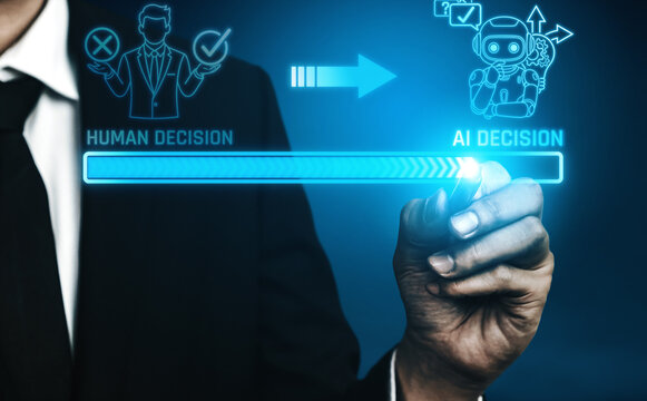 Human Decision Making Versus AI Decision Making Concept with Hand in Business Suit and Digital Graphic Interface. Liminal.