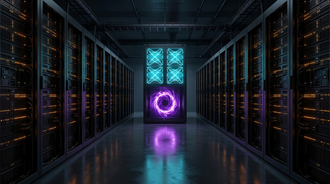 Symmetrical data center aisle with illuminated server racks and a central glowing vortex