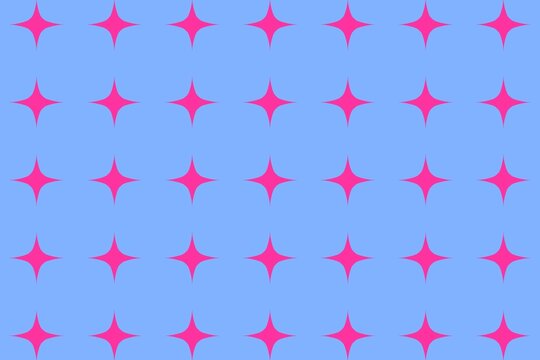 Seamless sparkle pattern with pink four-pointed stars on blue background. Geometric starburst seamless background graphic in pink and blue for commercial printing, packaging, scrapbooking, textile
