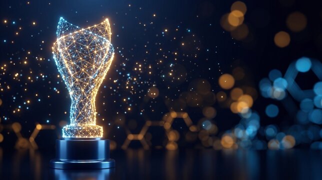 Glowing digital wireframe trophy with glowing particles and bokeh lights representing tech award, business achievement, leadership, innovation, and victory.