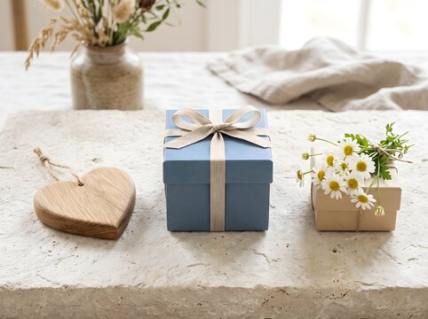 Rustic blue gift box, wooden heart and daisies on stone. Elegant gift set.