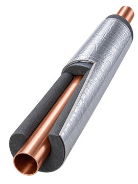 Copper pipe insulation with silver reflective foil and foam layer, showcasing cross-section of thermal protection for plumbing and HVAC applications