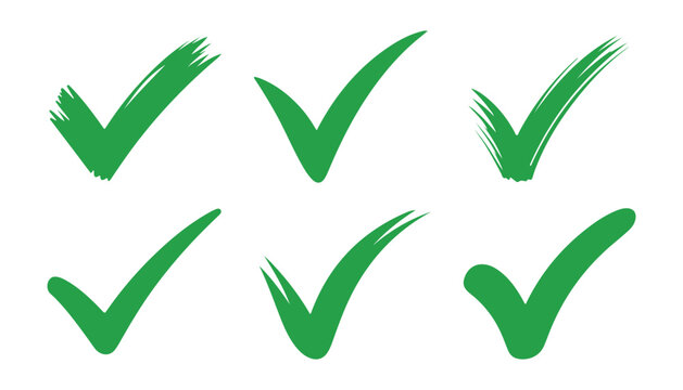 Bright green artistic tick mark set with dry brush textures for modern validation and success confirmation.