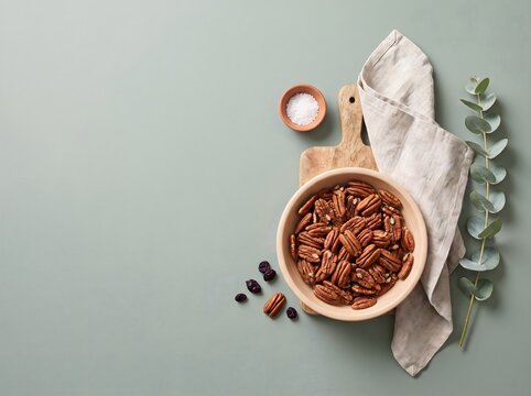 Pecan nuts in wooden bowl, healthy snack flat lay, rustic kitchen ingredients