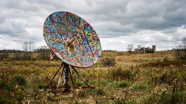 Vibrant graffiti transformed satellite dish amidst wild meadow landscape
