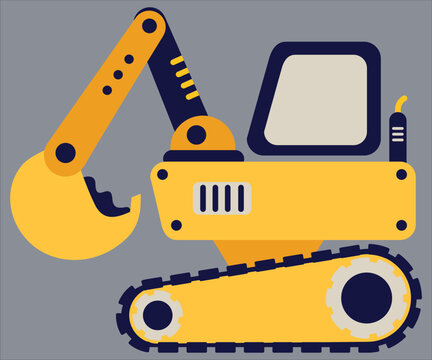 Cute yellow cartoon excavator vector illustration for kids, isolated construction digger heavy machinery flat graphic