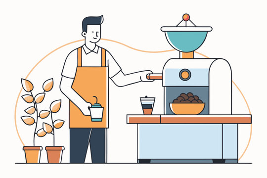 Barista prepares coffee in a cafe with plants and modern equipment during the day