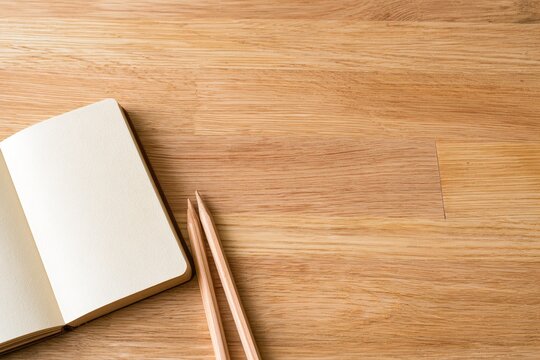 Open notebook with blank pages and two wooden pencils. Back to school concept