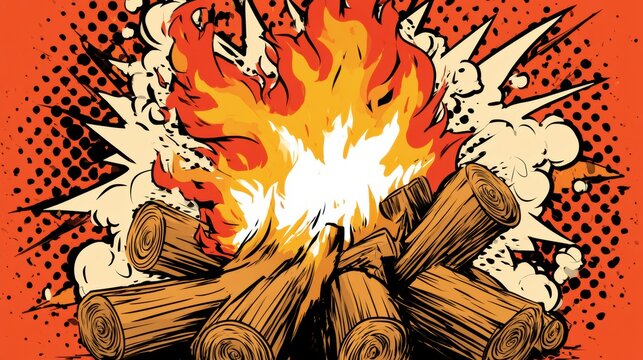 A bonfire burns bright with bold flames and action dots in a pop art comic style during the night. Orange dominates the scene.