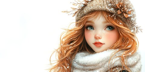 Naklejka premium Winter Fairy with Red Hair – Magical Christmas Portrait. Merry Christmas!