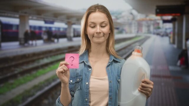 Young woman holding a large detergent bottle and a pink note with a question mark, lip bite gesture on a train platform inside a station building; confusion uncertainty.