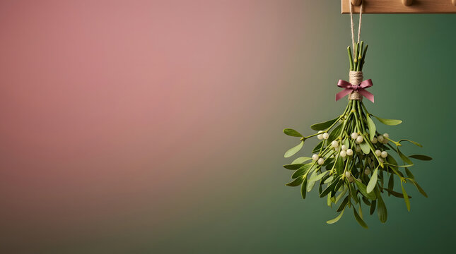 Mistletoe, Christmas and holiday decoration with copy space for advertising, festive greeting and seasonal marketing. Winter plant, green leaves and white berries in home for tradition, love and gift
