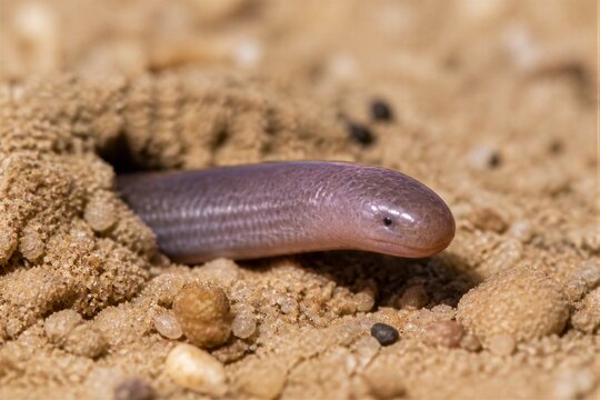 Pale, smooth worm emerges from sandy burrow. Curved body glows soft pink under sunlight. Dark eyes peer from earthy, grainy surface. No visible limbs or scales define this creature