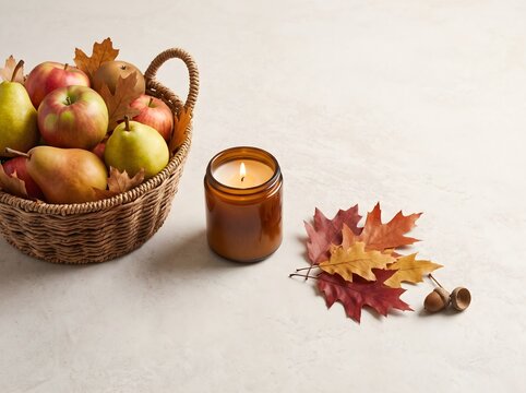 Autumn candle with fruit basket, cozy fall still life, scented amber jar candle