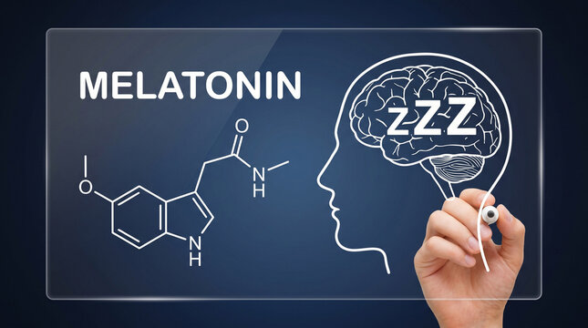 Hand draws melatonin molecular structure on glass board beside a sleeping brain with ZZZ icon