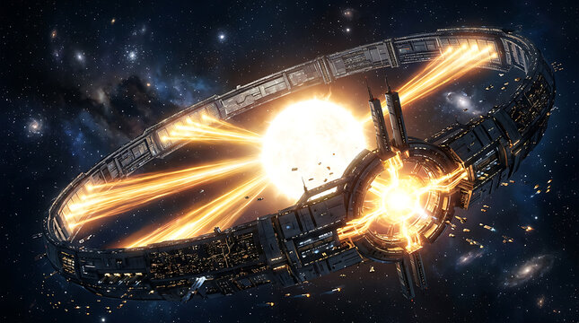 Massive orbital structure encircling a star detailed science fiction artwork with cosmic elements