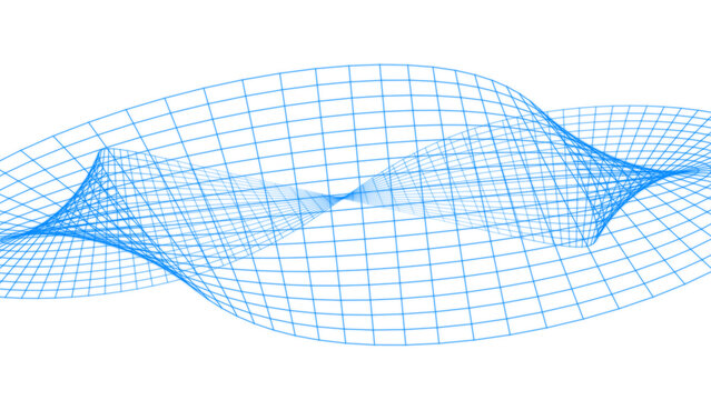 Geometric blue wireframe mesh structure forming a twisted circular wave pattern on solid black field