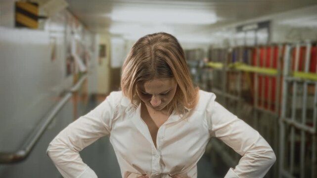 Young blonde woman adjusting a white blouse with hands on hips, head bowed and looking down in a narrow industrial building corridor; quiet frustration.