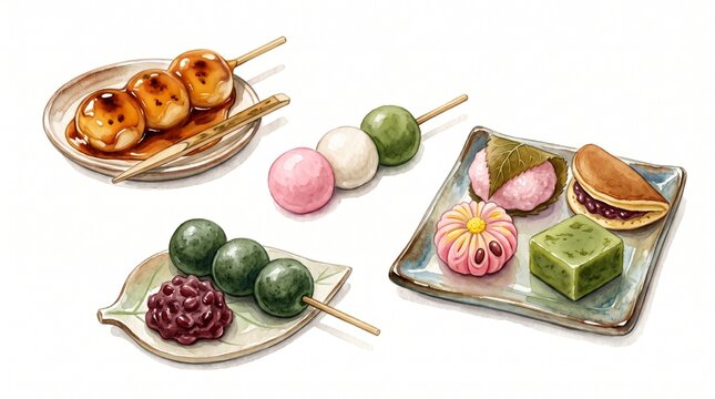 Hanami Japanese Confectionery Collection with Dango and Wagashi Watercolor Illustration