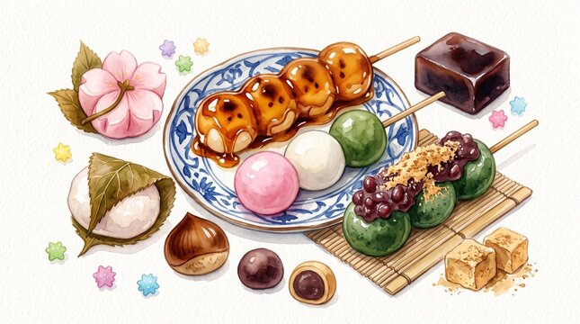 Hinamatsuri Japanese Confectionery Assortment with Dango and Wagashi Watercolor Illustration