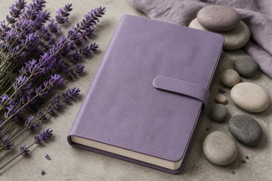 Soft lavender blooms rest beside a purple journal. Smooth stones and textured fabric frame the scene. Gentle, calming atmosphere fills the image. Perfect for meditation, journaling, or wellness themes