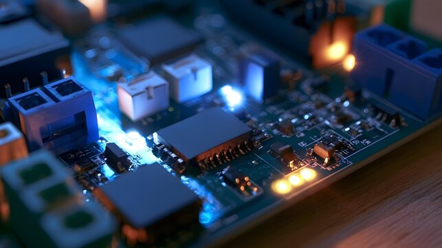 Close up of illuminated electronic circuit board with glowing components and connectors under warm ambient lighting
