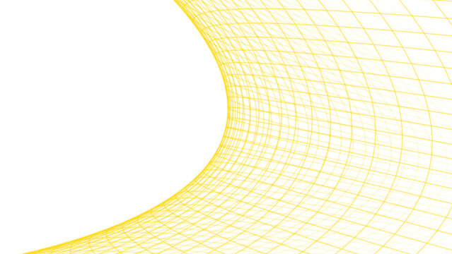 Intricate yellow curved lattice mesh patterns creating a complex network on a deep dark solid space