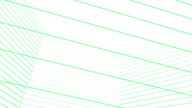 Minimalist green neon grid structure creating architectural 3d space on a dark black empty void