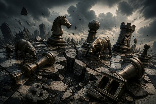 Broken chess pieces stand amid shattered city ruins. Dark clouds loom overhead, adding tension to the scene. Metal castles and pawns topple from fractured ground