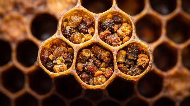 Bee Bread and Pollen Stored Inside Honeycomb Cells