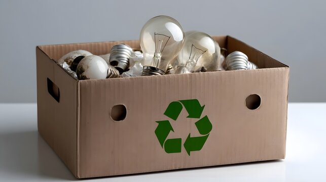 A cardboard recycling box filled with used incandescent light bulbs for disposal or reuse