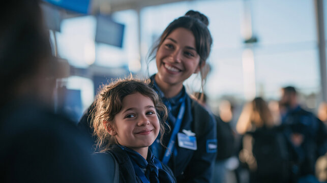 Friendly Flight Attendant Assisting Young Girl at Airport
