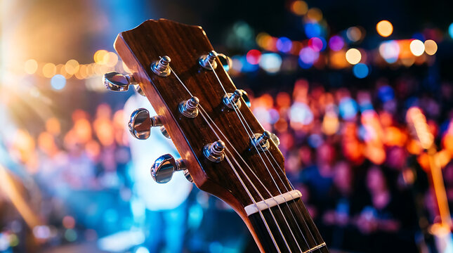 A close up of a guitar headstock with tuning pegs illuminated by stage lighting