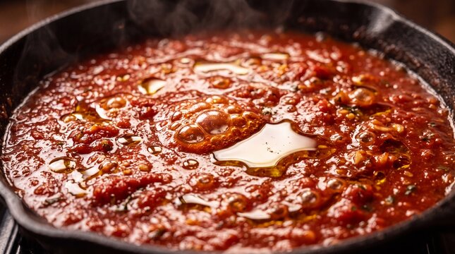 Simmering Tomato Sauce with Olive Oil in Cast Iron Skillet