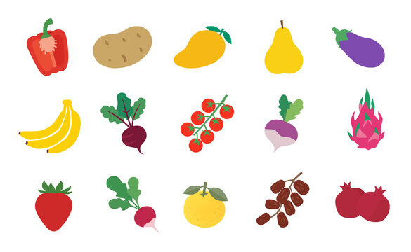 Cute fruits and vegetables vector set with various healthy food icons