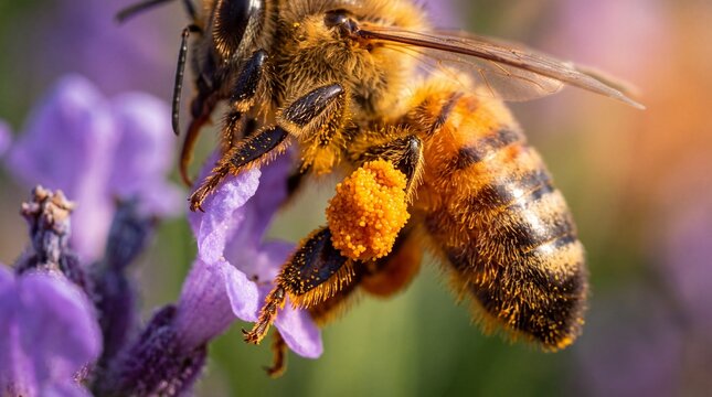 Macro Honeybee Collecting Pollen on Purple Flower