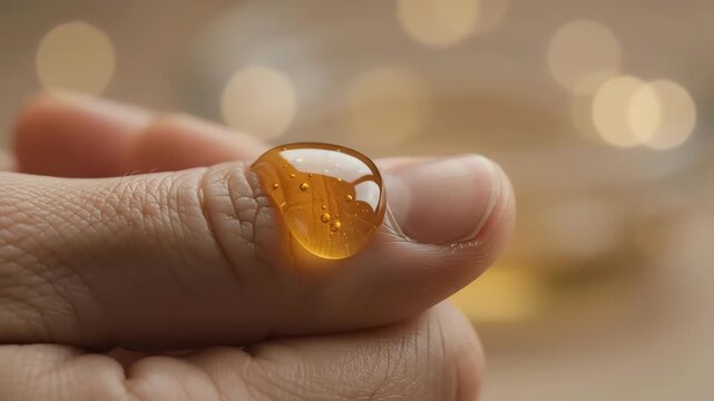 Pure golden honey drop slowly landing on human thumb macro view