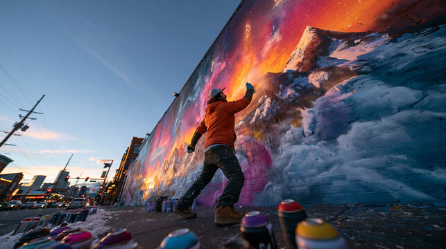 Street Artist Painting Colorful Mountain Mural on Urban Wall