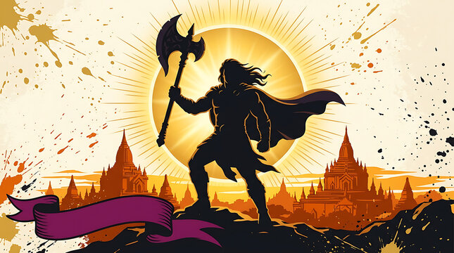 Silhouette of a warrior holding an axe against a radiant sun and cityscape