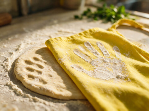 Handprint in flour rests on dough. Yellow cloth lies beside flatbread. Sunlight glows softly on work surface. Flour dusted hands suggest playful touch. Bakery scene evokes warmth and care