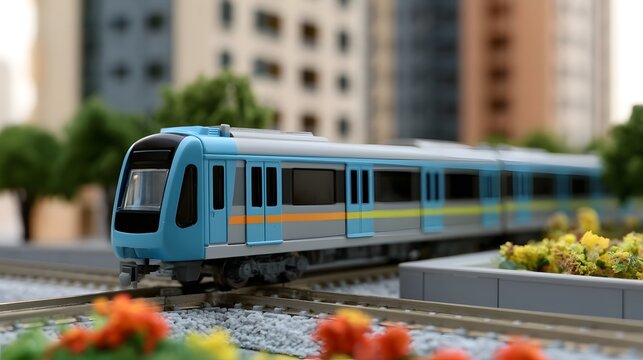 A blue and gray model train on tracks surrounded by miniature flowers and blurred city buildings
